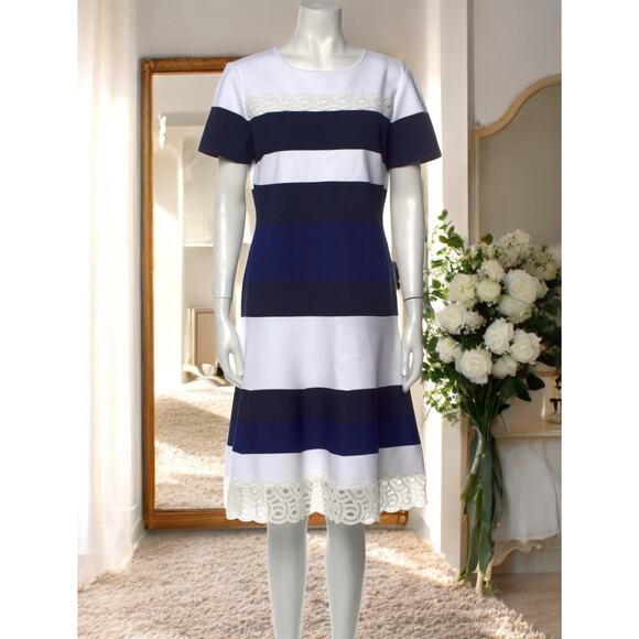 50% OFF NEW - ST JOHN Striped Midi Dress in Blue White Multi Color US 10 - Picture 1 of 7